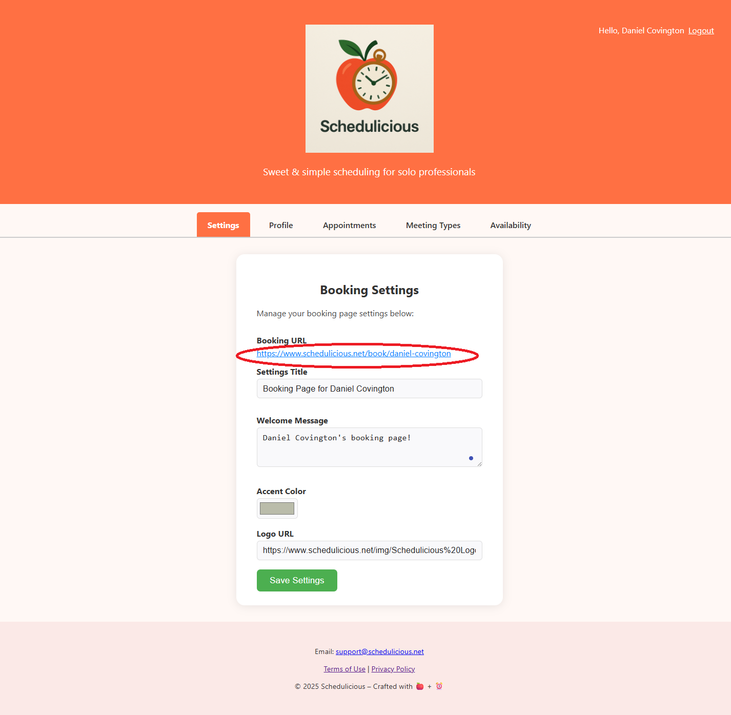 Public booking page link ready to copy or share